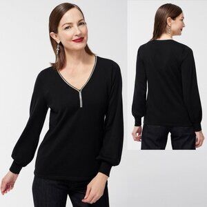 NWT New Chico's Caviar Trim V-Neck Black Sweater Size 4 US XXL